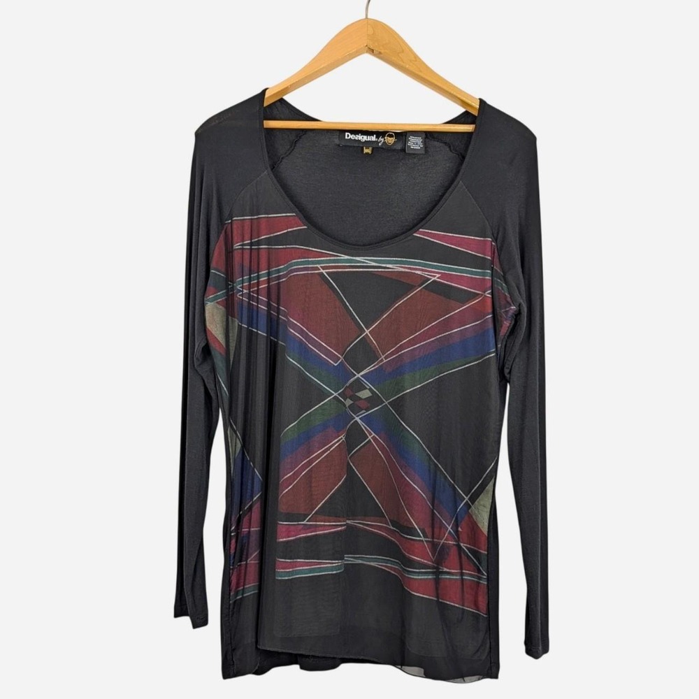 Desigual Black Multi Geometric Print Long Sleeve Scoop Neck Knit Top XXL